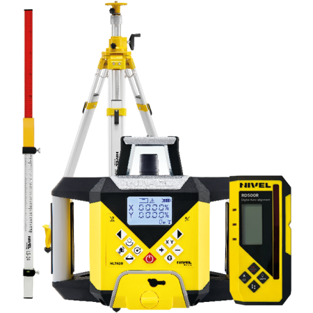 Nivel System NL740R Digital + statyw SJJ32 + łata LS-24 - laser obrotowy czerwony 700 m z cyfrowymi spadkami X/Y, autowpasowaniem i czujnikiem RD500R